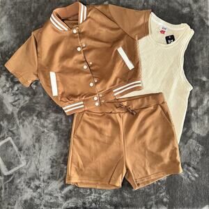 Brown Varsity Lounge Matching 2 Piece 
Set – Shorts + Snap Button Jacket – Sz L